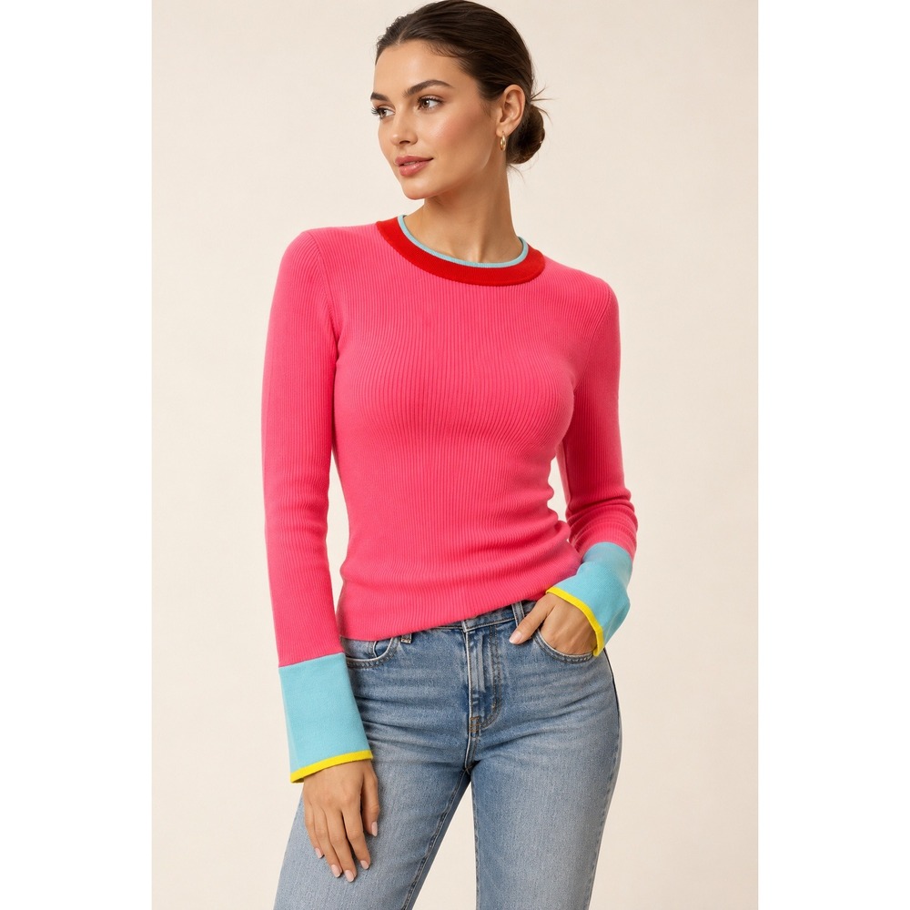 Alice + Olivia Westi Colorblock Wool Blend Ribbed Sweater S Primrose Preppy Chic